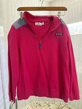 Vineyard Vines Hot Pink Quarter-Zip Pullover with Striped Shoulder